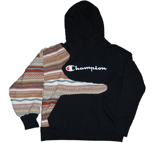 Black Champion hoodie with desert clay coogi arm