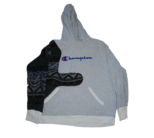 Gray Champion Hoodie with White Pocket slits and coogi arm